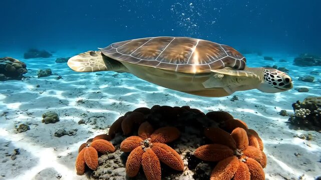 Seamless loop of light refraction shifting across the surface of the water as an underwater sea turtle glides past vibrant orange seastars on the seabed liquid, seabed, smooth