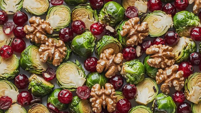 Seamless loopable abstract texture background composed of scattered bright green roasted brussels sprouts, red cranberries, and brown walnut pieces overlay, fresh, vegetable