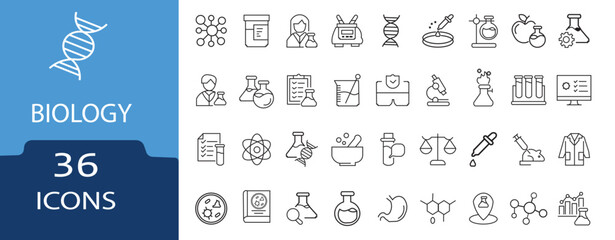 biology icon set.biology Science research outine icons set with editable stroke.Containing experiment, laboratory, scientist, and more. thin linear illustration