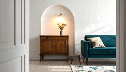 Cozy blue armchair and wooden cabinet in white room.