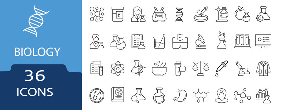 biology icon set.biology Science research outine icons set with editable stroke.Containing experiment, laboratory, scientist, and more. thin linear illustration - Powered by Adobe
