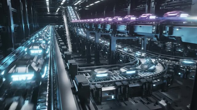 Seamless loop of glowing futuristic packages traveling at high velocity across a vast network of complex industrial conveyor systems Seamless, digital, warehouse