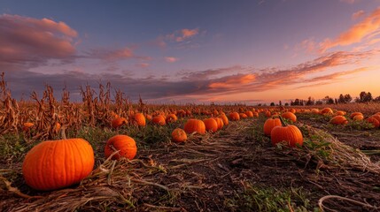 Pumpkins grow in a field during sunset with colorful skies and crop rows in the background in autumn season