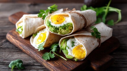 Three breakfast burrito on cutting board. Delicious grab-and-go meal with eggs, avocado, and tortilla for a healthy start to the day. Fast food concept on rustic table.
