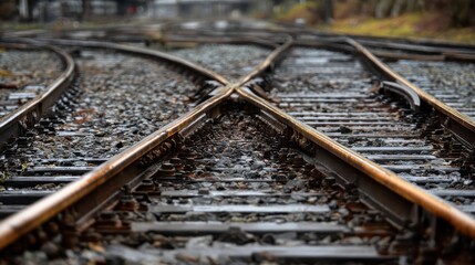 Tracks intersect at a railroad junction in a rural area during a cloudy day with signs of recent rain on the stones