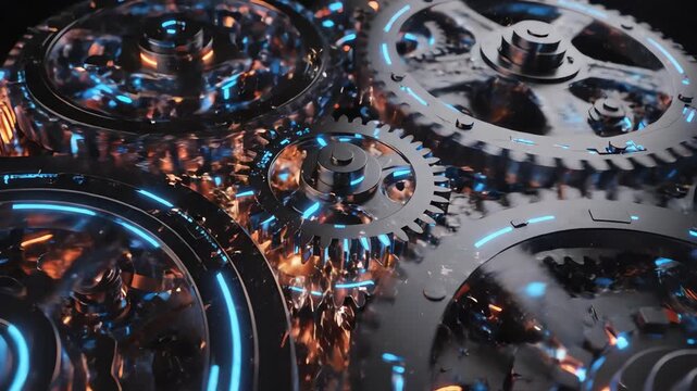 Seamless loop of glowing futuristic mechanical cogs and interlocking clockwork gears spinning rapidly and chaotically against a dark background speed, urgency, glowing