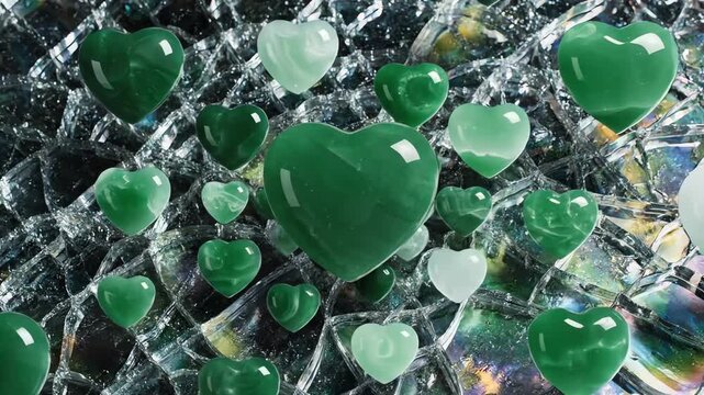 Seamless loop of monochromatic jade heart shapes pulsating across a deeply textured, slowly expanding abstract fractured glass background emotional journey, conceptual, fragility