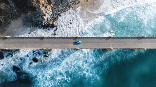 Blue car driving on a bridge over a rocky coast and turquoise ocean waves. Aerial view of scenic coastal road for travel and adventure. - Powered by Adobe