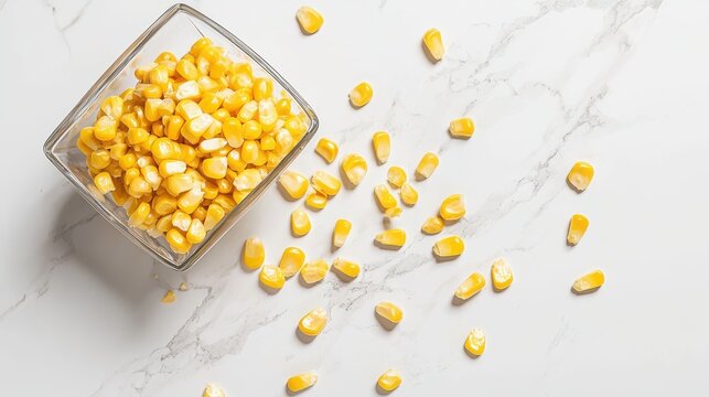 Corn kernel scatter yellow corn kernels falling from glass container natural scatter formation white marble countertop bright kitchen lighting food ingredient
