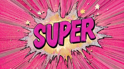 Super word in pop art comic style with pink explosion and halftone dots background. Dynamic speech bubble for announcement banner.