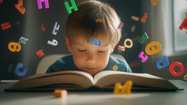 Young boy focusing intensely on an open book with colorful floating alphabet letters, concept for early education material, children literacy program and creative learning concepts