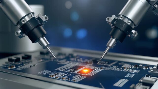 Close-up of industrial robotic arms performing precision soldering on a blue circuit board, concept for microchip manufacturing, automated production line and electronics engineering