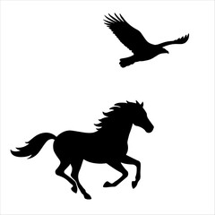 Silhouettes of a running horse and flying bird, ideal for wildlife, nature, and motion-themed designs, vector