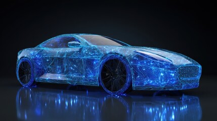Futuristic sports car made of interconnected lines and dots. Automotive industry innovation concept. Digital technology for vehicle design.