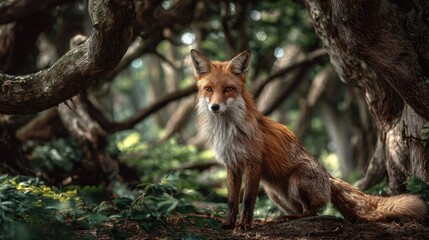 Obraz premium Wild fox sitting in a forest surrounded by trees and greenery during daylight hours