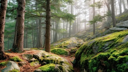 Lush forest scene with towering pine trees amidst a morning fog, capturing the serene beauty of nature and adventure.