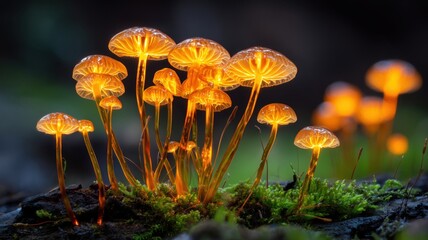 Fototapeta premium 幻想的に光るキノコの群生。自然や植物関連の資料や背景素材に最適な写真。