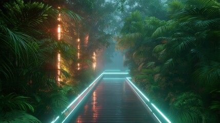 Wooden path in a misty jungle with glowing neon lines leading through lush tropical plants for futuristic nature escape concept.