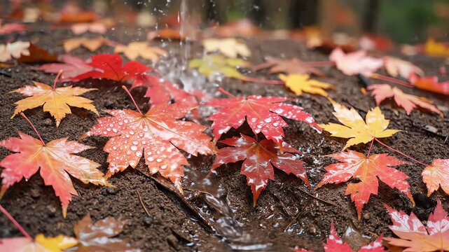 Seamless loop of textured forest ground covered in damp earth and scattered red and gold maple leaves during a gentle rainfall simulation backdrop, maple, textured