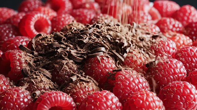Seamless loop of tiny chocolate shavings continuously sprinkling down onto a dense bed of fresh, dew-covered raspberries filling the entire frame macro, close-up, dessert
