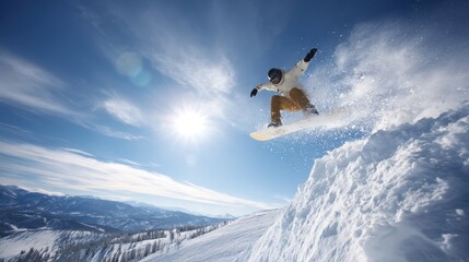 Snowboarder leaping off snowy cliff in mountains. Dynamic action shot of extreme winter sports with powder snow spray and sunny blue sky backdrop