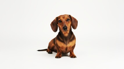 A delightful smooth coated dachshund puppy sitting politely on a clean surface