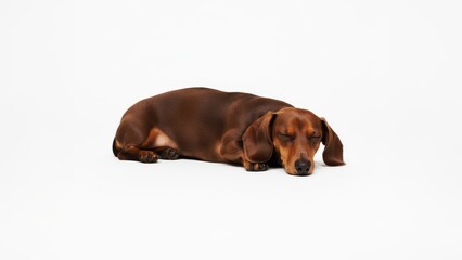 A sleeping brown dachshund rests peacefully on a simple white background