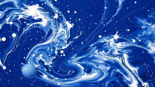 Seamless loop of thick blue and white enamel paint dissolving and flowing into a beautiful, cosmic nebula-like swirling pattern Seamless loop, liquid textures, flowing