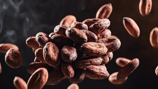 Seamless loop of raw cocoa beans floating and slowly spinning against a dark, subtly textured background creating an abstract, mysterious pattern deep space, digital, health