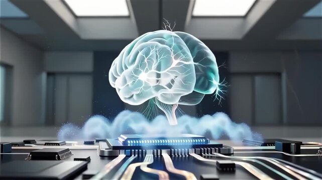 A futuristic brain hovering over a circuit board with glowing elements.