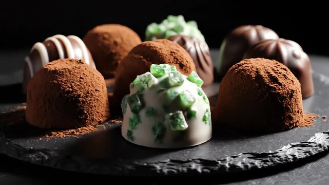 Seamless loop of gourmet chocolate mint truffles rotating slowly on a textured black slate surface under focused studio lighting delicious, confectionery, gourmet chocolate mint truffles