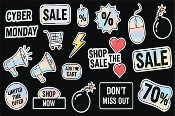 Vibrant holographic stickers featuring cyber monday sale promotions and shopping icons for online retail and e commerce marketing campaigns