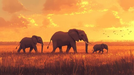Fototapeta premium Elephants at sunset