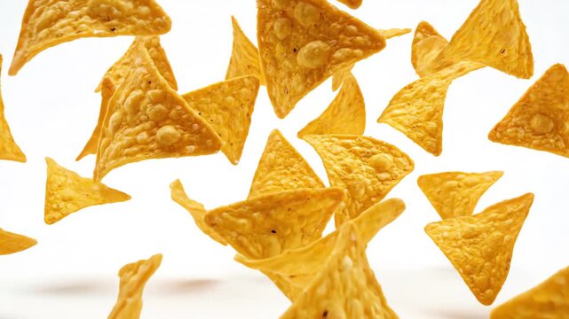 Seamless loop of perfectly shaped golden corn tortilla chips floating and slowly rotating against a stark pure white background ideal for abstract food texture commercial, clean, simple
