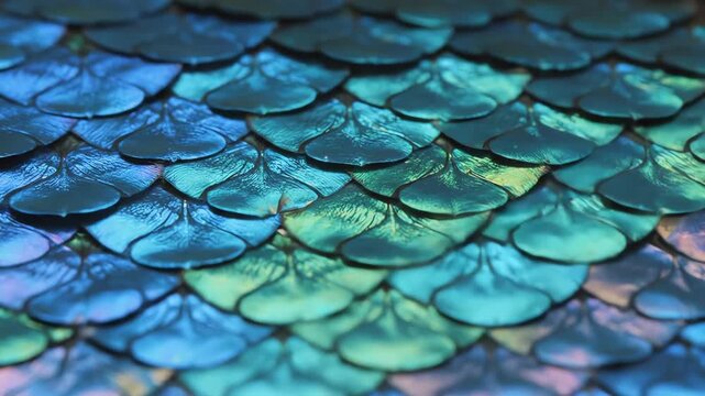 Seamless loop of iridescent blue and green fish scales shimmering and flexing in the current creating an abstract organic texture background digital render, ocean surface, cool colors