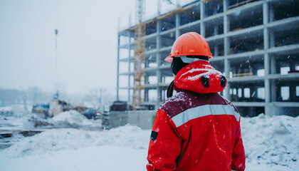 Construction worker in orange helmet and red jacket overseeing building site in winter snow.