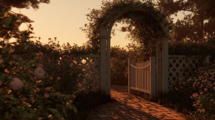 Garden gate leads to flower path during sunset in a quiet setting filled with greenery and blooming roses