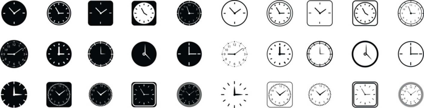 Clock icon set collection with analog wall clocks and stopwatch timer symbols in black flat and outline style, time measurement watch pictogram pack for schedule alarm countdown UI design