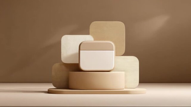 Minimalist beige abstract composition with rounded geometric shapes on cylindrical podium, set against a neutral background, concept of balance