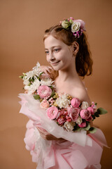 photo session of a girl in a bouquet of fresh flowers