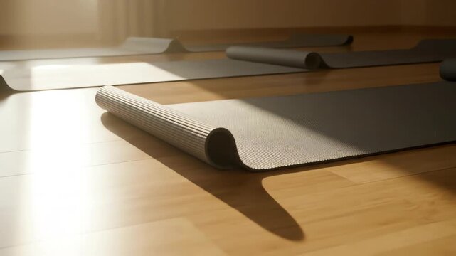 Seamless loop of soft, hazy light moving subtly across a smooth wooden floor with several pristine grey yoga mats positioned diagonally, creating a tranquil repeating pattern fitness studio