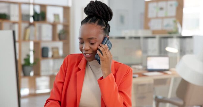 Phone call, consulting and computer with business black woman for planning, editor feedback and contact. Virtual advisor, story fact check and communication with person in media agency for project