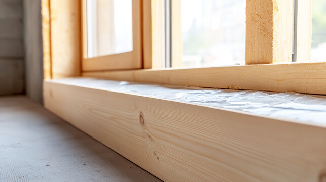 Minimalist image of insulated subframe and padding below window, featuring an even-toned backdrop and natural wood textures