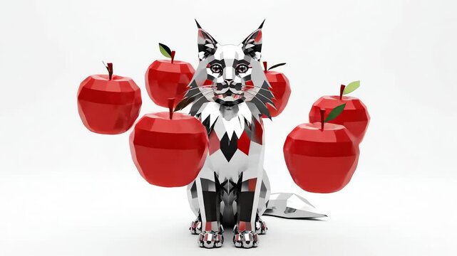 Seamless looping abstract 3D animation of geometric perfect red apples orbiting a stylized, low-poly silver cat model against a clean white background fruit, clean, futuristic
