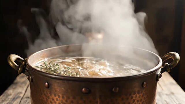 Seamless loop of thick white fragrant steam rising dramatically from a dark copper and brass cooking pot filled with a hot herbal bouillon against a moody background vapor, abstract, traditional