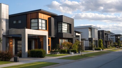 Modern houses line a quiet street in a suburban neighborhood during a sunny afternoon with trees and grass on both sides