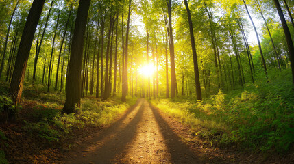 Fototapeta premium Sunlit forest path with lush green canopy, golden sun rays filtering through trees, inviting nature scene with copy space