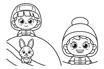 Happy Children Playing Together Line Art for Kids Coloring Page, Educational Activity Vector for Preschoolers