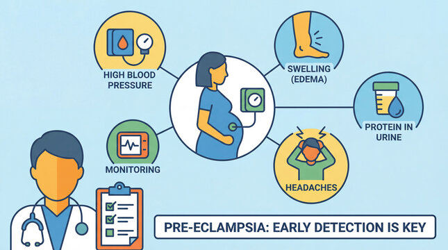 pre-eclampsia symptoms infographic showing headaches swelling edema vision changes and high blood pressure for pregnancy complication awareness and maternal health education