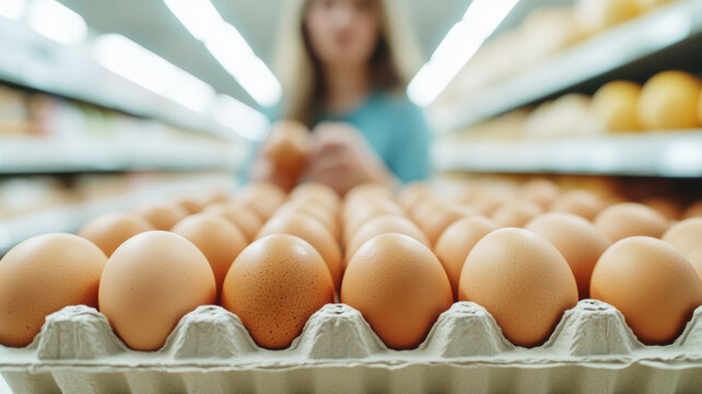 Woman inspecting a carton of brown eggs in grocery store aisle with copy space, highlighting rising egg prices and food inflation theme - Powered by Adobe